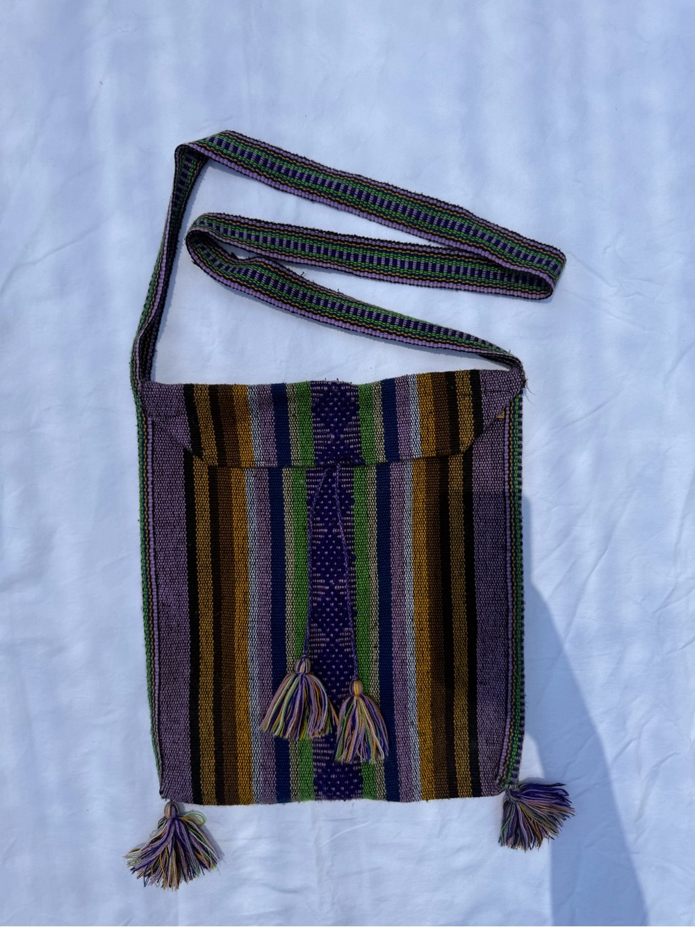 Handwoven Crossbody Bag Purple Green Brown Striped Boho Artisan Shoulder Purse